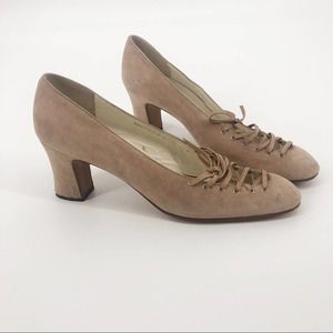 VINTAGE Woodward & Lothrop Tan Beige Ballet Tie Up Square Heel RARE 7.5 N
